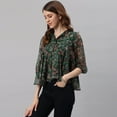 thumbnail image 4 of Janasya Indian Shirt Collar 3/4 Sleeve Floral Print Green Poly Georgette Top For Women, 4 of 7