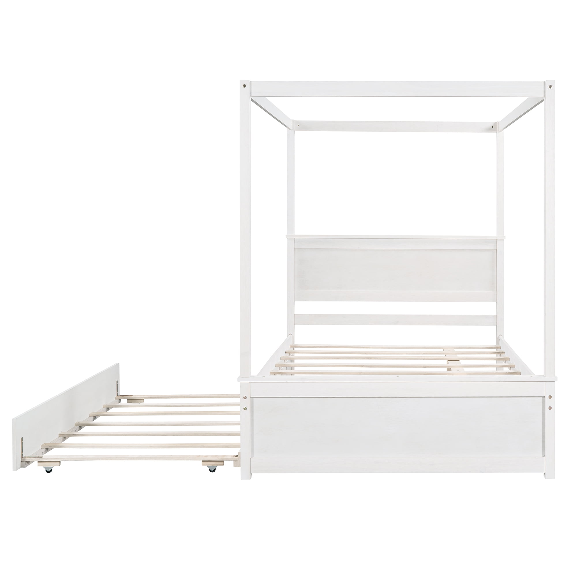 Gewnee Wood Canopy Bed ,Full Size Platform Bed Frame with Trundle and Headboard,White