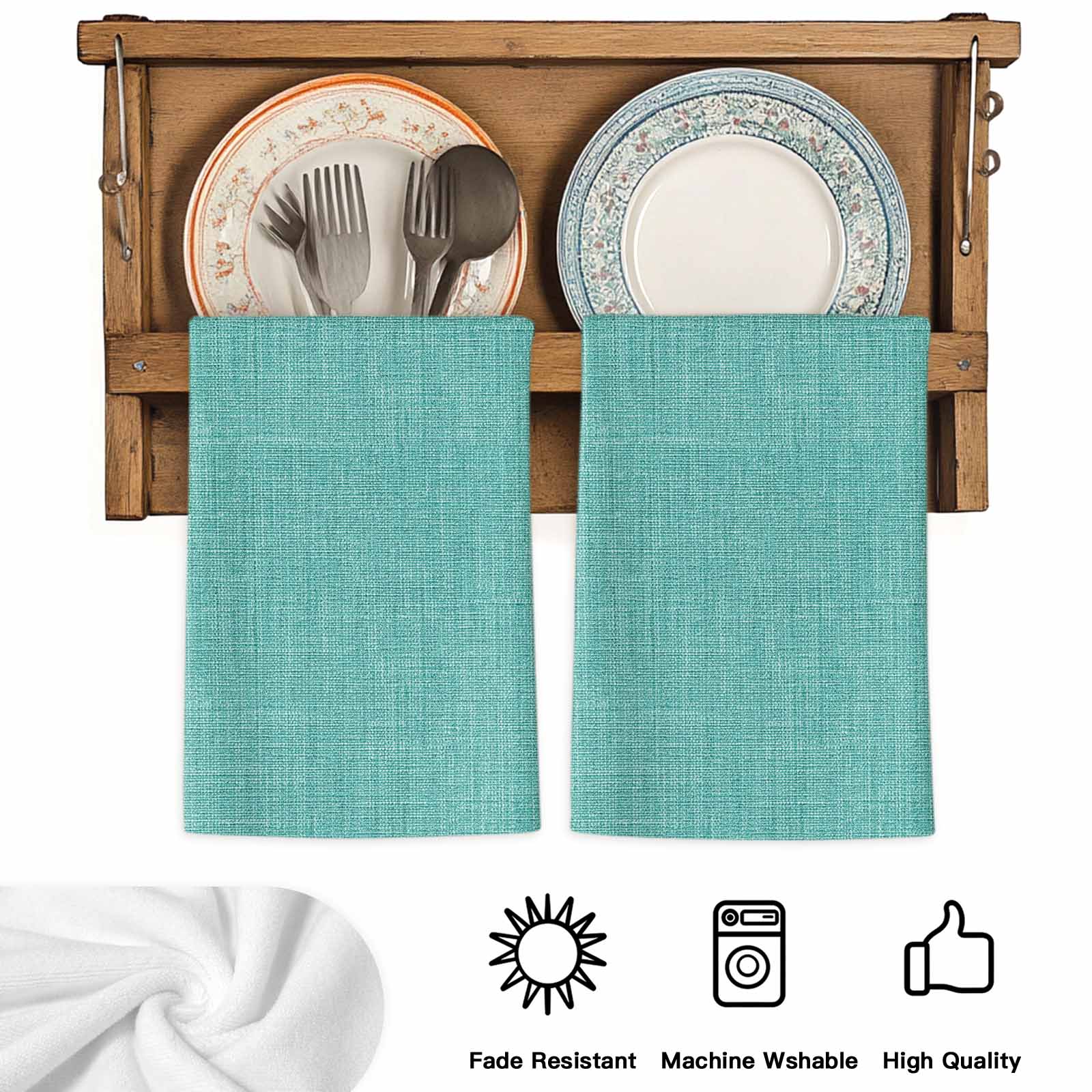 Teal Kitchen Towels Set of 2, Farmhouse Burlap Solid Green Color Modern Linen Texture Soft Microfiber Dish Towels, Absorbent Washable Dishcloths for Kitchen Cleaning, Drying Dishes, 18x28 Inches