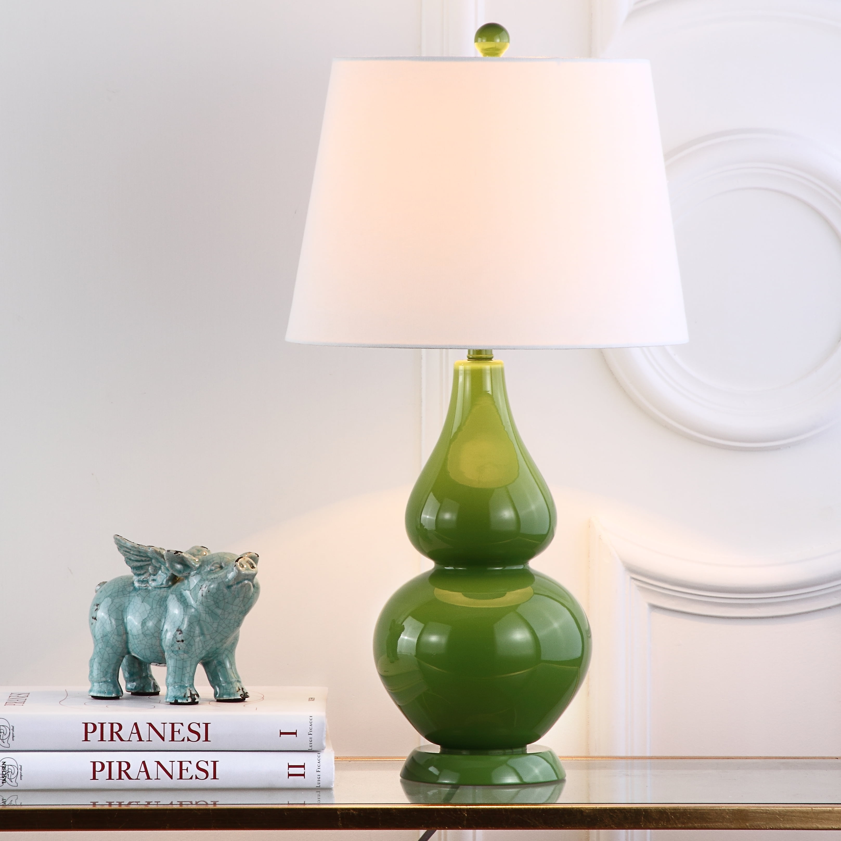 SAFAVIEH Cybil 26 in. Green Glass Table Lamp with Off-White Cotton Shade, Set of 2