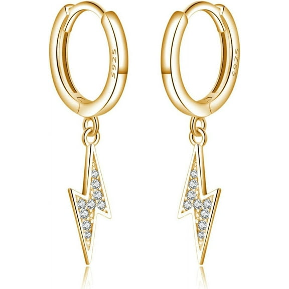 Solid 925 Sterling Silver Lightning Bolt Drop Hoop Earrings for Women Teens CZ Lightning Bolt Hoop Earrings Huggie