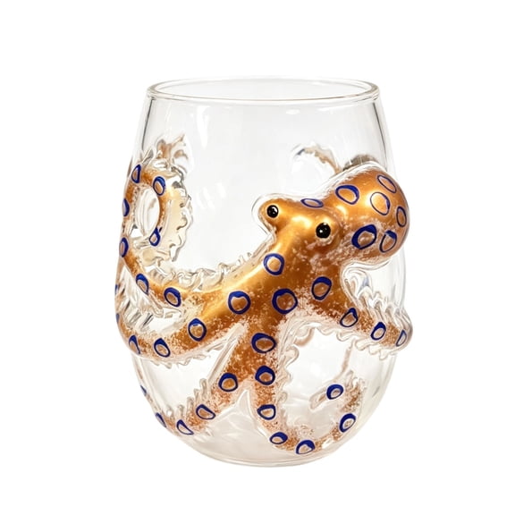 Handmade Stemless Wine Glass With Golden Octopus Design Marine Animal Bar Glass Thin Flat Base For Cocktails Juice Water(Clear-10Cm)