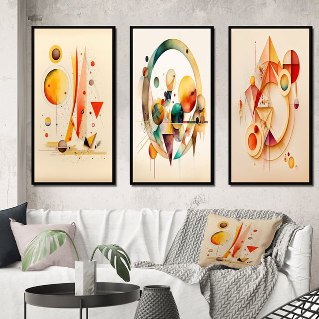 Designart "Vivid Geometric Orange and Yellow I" Modern Framed Wall Art Set Of 3 - Yellow Abstract Geometric Frame Gallery Set For Office Decor