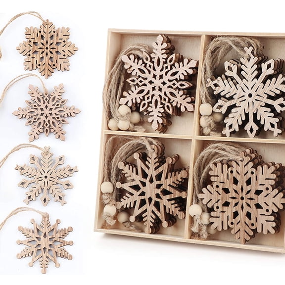 20 pcs Unfinished Christmas Wood Snowflake Ornaments - 4 Style of Snowflake Ornaments Bulk with Twine, Christmas Tree Decorations Tags(2.75"-3.15")