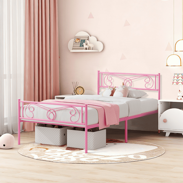 Cama Twin con Cabecera y Piecero de Metal – 12.2 Pulgadas de Almacenamiento Debajo – Sin Ruido – Sin Base de Resortes – Rosa