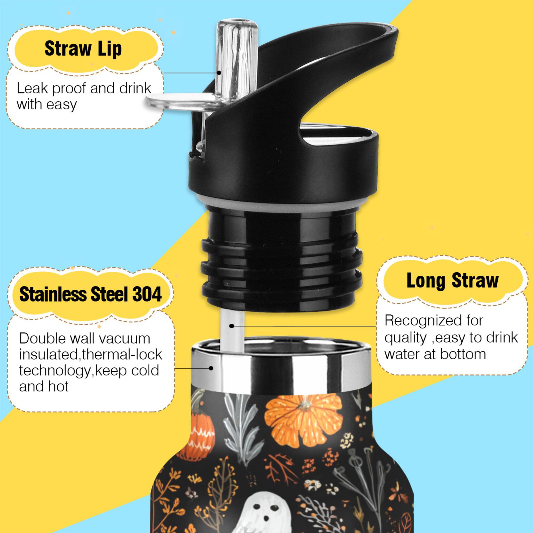 600ML Stainless Steel Insulated Cup Sports Water Bottle Portable Thermos Cup Water Glasses Insulated Tumblers Convenient and Durable Halloween Pattern Cute