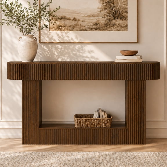 Aukfa 63" Fluted Console Table, Modern Farmhouse Entryway Table Narrow Sofa Table Behind Couch, Walnut