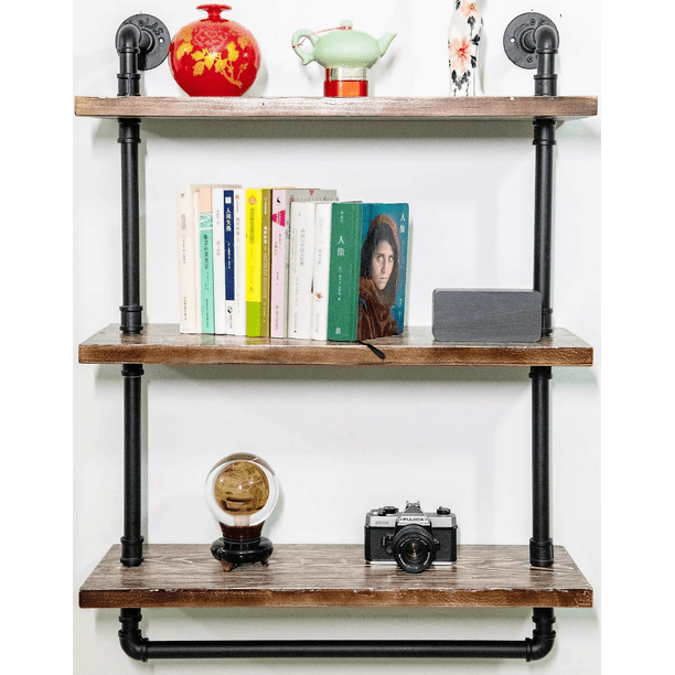Industrial Pipe Shelving Wall Mounted, Pipe Rustic Wood Shelves for