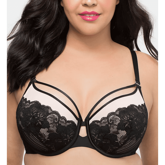 CURVY COUTURE Black/Rose Tulip Strappy Lace Push Up Bra, US 46H, UK 46FF, NWOT
