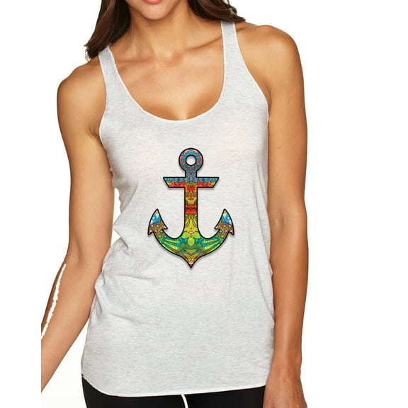 Wild Bobby, Trippy Mandala Nautical Colorful Mosaic Anchor | Womens Fashion Premium Tri-Blend Racerback Tank Top, Heather White, Small