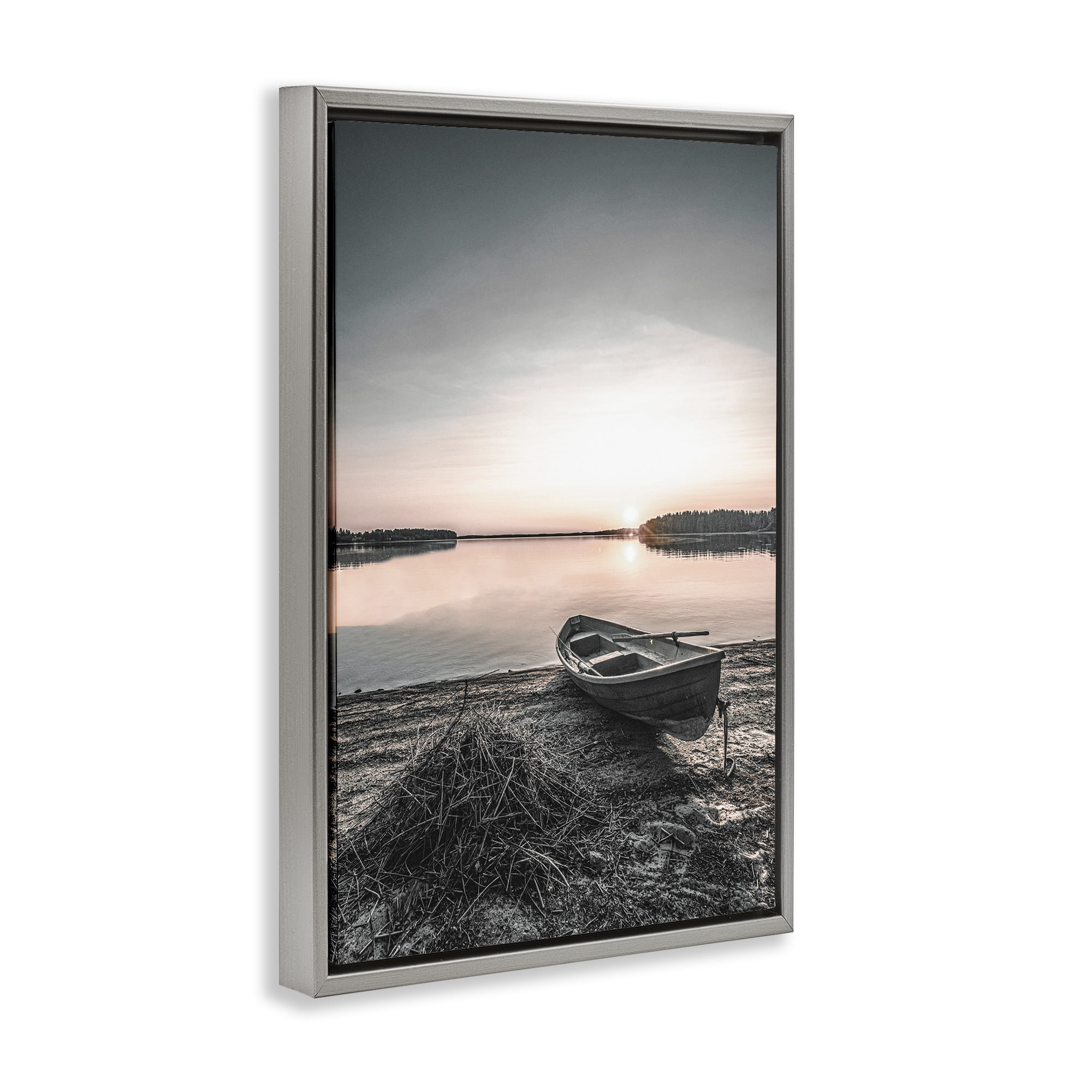 Stupell Industries Deserted Canoe on Shore Landscape Photography Gray Floater Framed Canvas Art Print Wall Art, 17 x 25