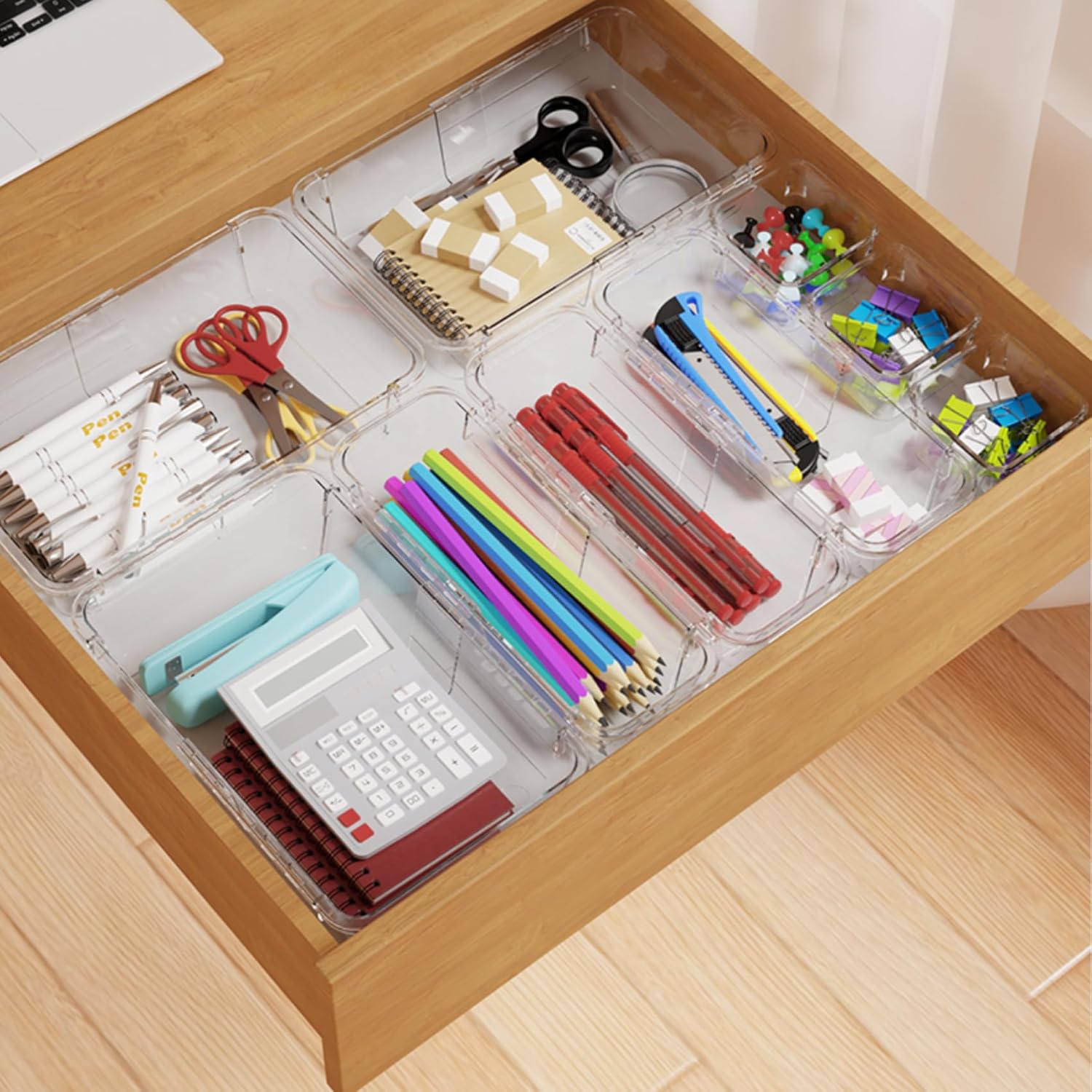SSAWcasa 25 Pcs Extendable Clear Drawer Organizer, Adjustable Vanity Storage Box, 3-Size Desk Drawer Organizer, Non-Slip Storage Bins for Cosmetics, Jewelries, Stationeries, Tools, Cutleries