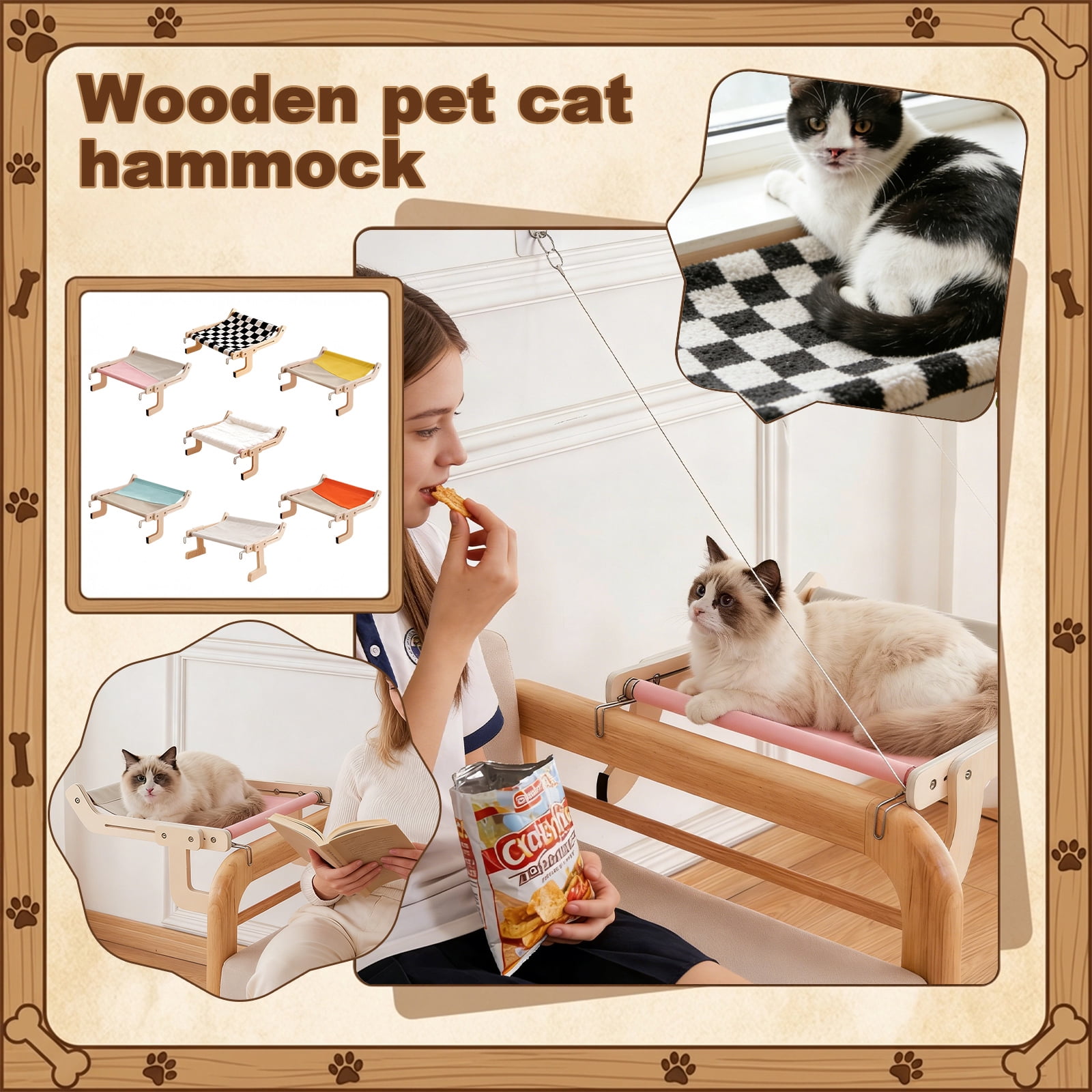 Wooden Wall Mounted Cat Hammock Bed Removable Cushion Perch for Cats All Season Cozy Bed for Balcony Window Easy Install Pet Cat Bed Supply