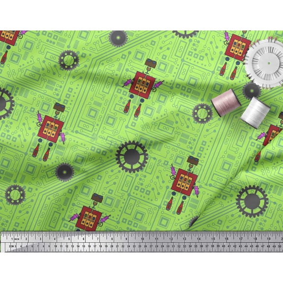Soimoi Green Poly Georgette Fabric Cartoon Machine & Gear Parts Hardware Print Fabric by Yard 52 Inch Wide
