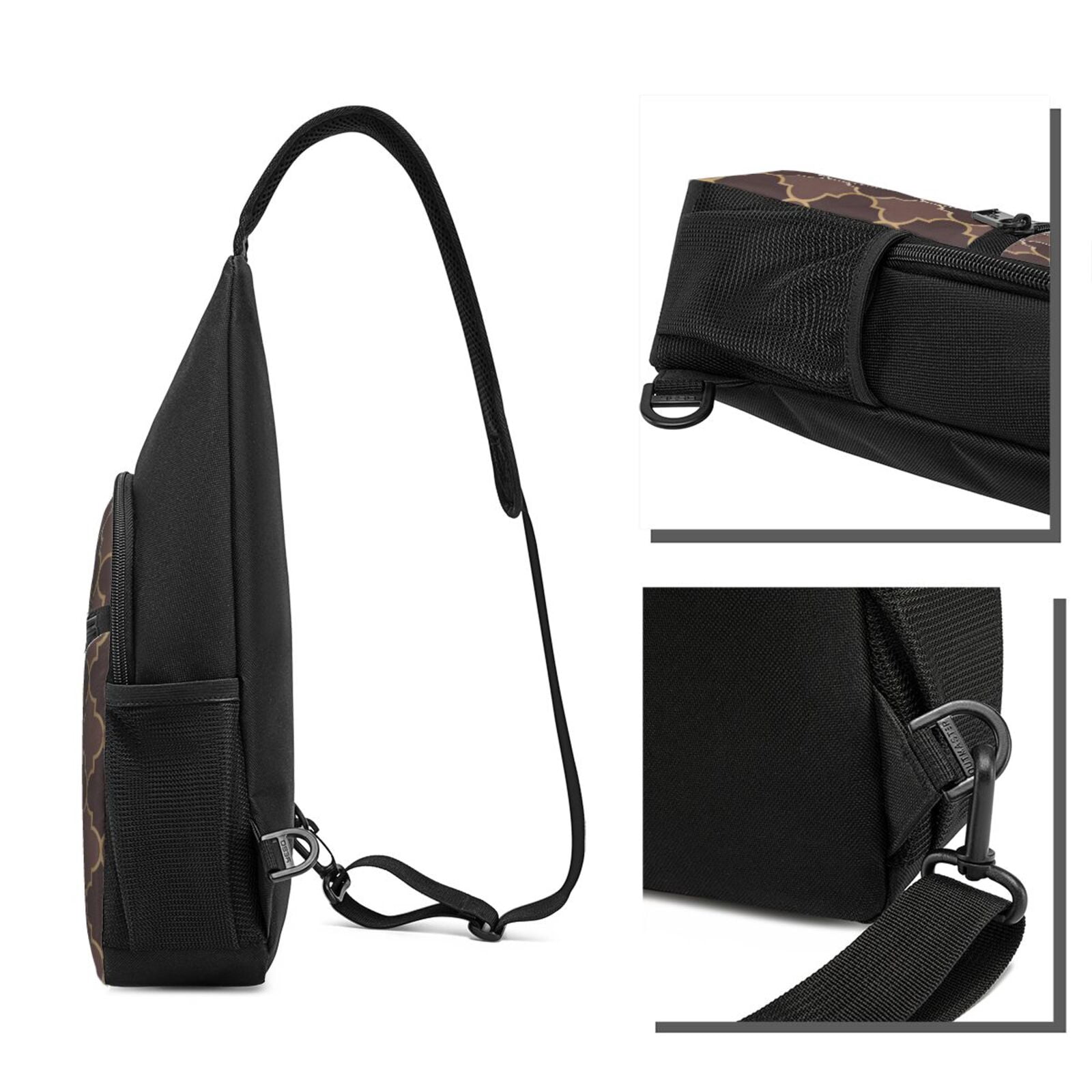 Xecao's Brown Gold Grid Print Sling Bag: A Versatile Chest, Shoulder, and Crossbody Backpack for Casual Days Out, Perfect for Both Men and Women