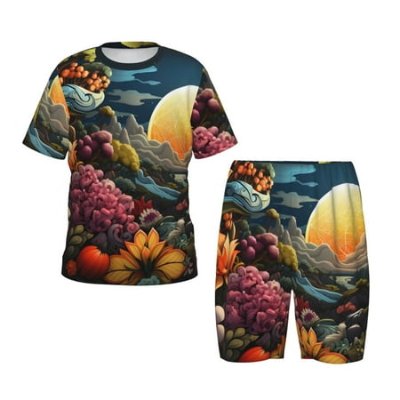 Luyuia Sunset Floral Fantasy Landscape Print Girls  2-Piece Tie-Dye Pajama Set  Cute Summer Loungewear with Shirt and Tank Shorts Nightwear-Medium