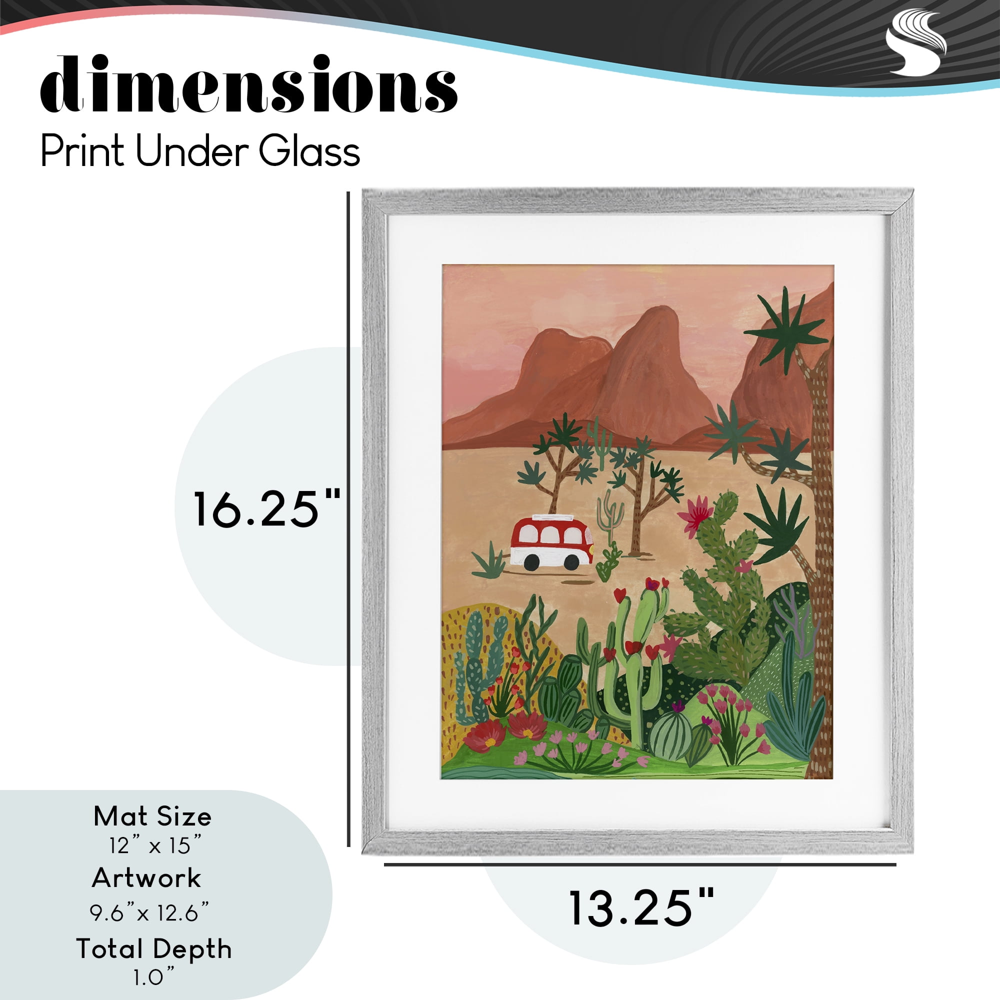Desert Camper & Cacti Gray Framed Print Under Glass, design by Nabeela Rumi