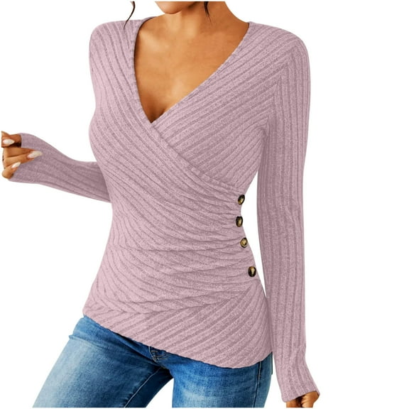 HAiming Women's Long Sleeve V Neck Tops Ribbed Knit Sweater Casual Ruched Slim Basic Tee Shirts Button Side Blouse