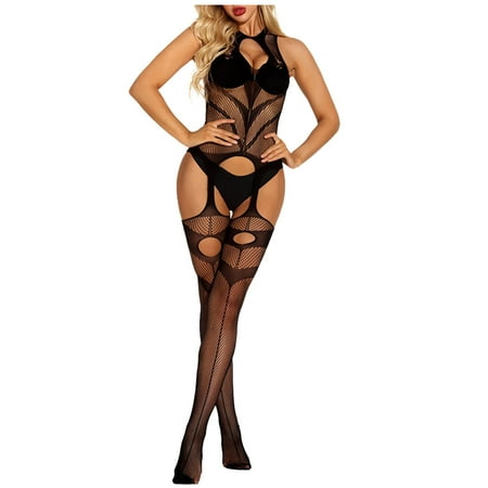 Xihbxyly Sexy Lace Pajamas for Women Sexy Womens Pajamas Fishnet Open Crotch Seamless Mesh Netting Stockings Chemise Hollow Out Babydoll Bodysuit Sleepwear Sexy Black Pajamas Lace Pajamas