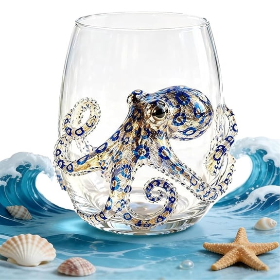 Artisanal Blue Ringed Octopus Glassware, Raised 3D Octopus Sculpture Stemless Glass, Nautical Decorative Bar Tumbler, Thoughtful Holiday Present For Ocean Hobbyists