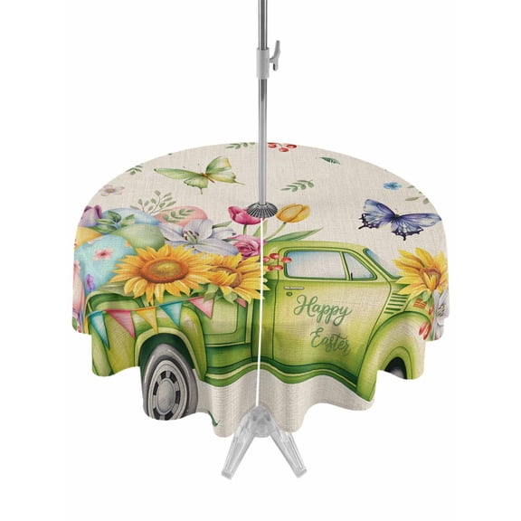 Easter Eggs Outdoor Tablecloth - 60 Inch Round Dining Table Cover, Spring Flowers Truck Leaves Butterflies Beige Waterproof Outdoor Table Cloth with Umbrella Hole & Zipper for Picnic/Patio/Party