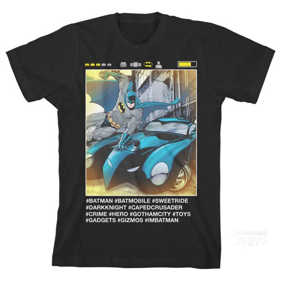 Batman Batmobile Social Media Pose Boy's Black T-shirt-M