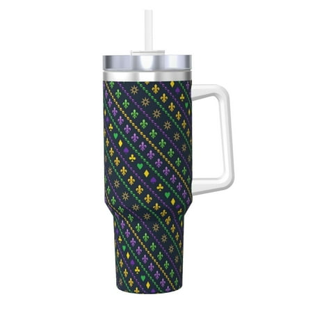 

Uemuo Mardi Gras Strings of Beads Print 40oz Ice Bully With Handle And Straw Stainless Steel Vacuum Insulated Cup And 2 In 1 Straw Lid Insulated Travel Tumbler