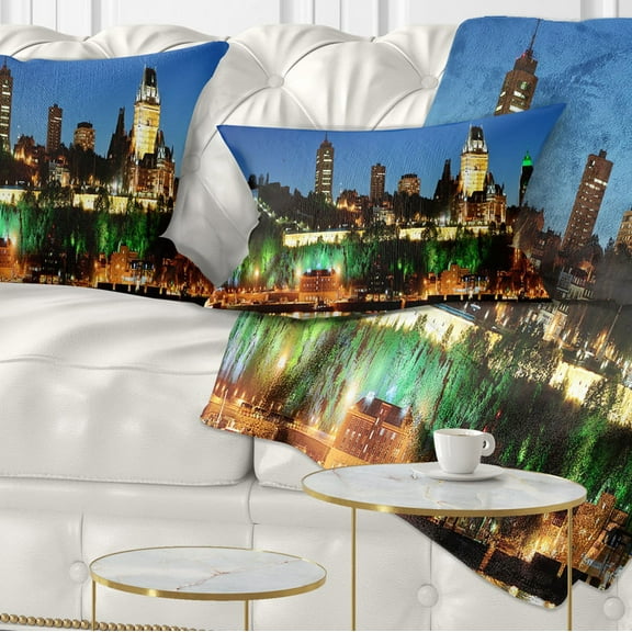 Designart Panoramic Quebec City at Night - Cityscape Photo Throw Pillow - 12x20