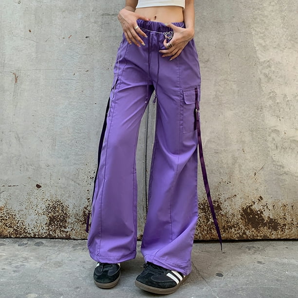 Coiry Ladies Baggy Trousers Casual Purple Cargo Pants High Waist Loose  Streetwear Suit 