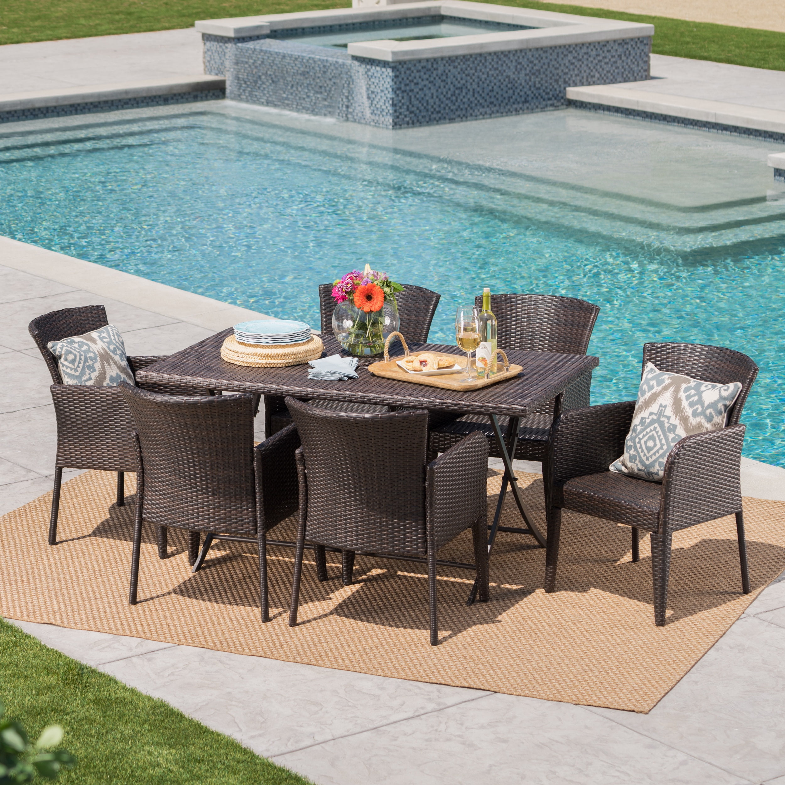 Outdoor 7 Piece Wicker Dining Set with Foldable Table,Multibrown