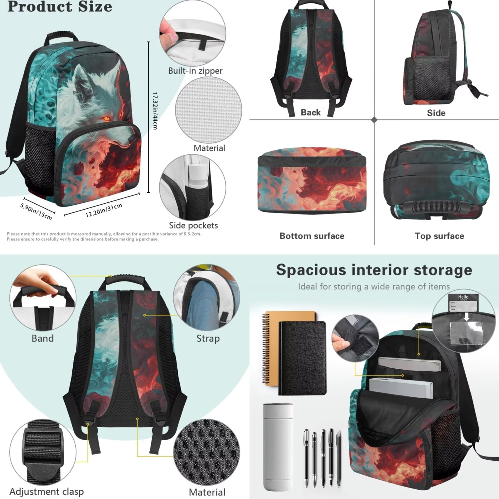 Pzuqiu Cool Wolf Kids Backpack for Boys 4 Piece School Bookbag with Lunch Box Lightweight School Bag for Boys 10-12 Elementary Backpack with Pencil Box Water Bottle Holder
