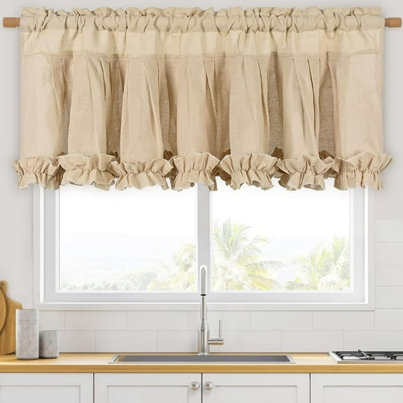 Alishomtll Linen Ruffle Valance Curtains Rod Pocket Window Drapes Light Filtering 52"W×18"L