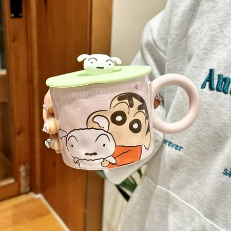 

HuangShi Cartoon Ceramic Cup Crayon Shin Chan Exquisite Cup Lid Cute Tableware Kitchen Supplies Kawaii Holiday Gift for Boys and Girls