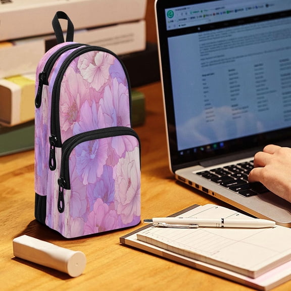 Backpack Pencil Case, 3 Compartment Large Capacity Oxford Fabric Pencil Pouch / Pink Fantasy Flowers Pattern