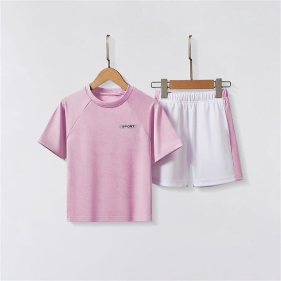 Amidoa Girls Athletic Outfits Set- Summer Short Sleeve Breathable Quick Dry Kids Active T Shirts and Shorts Pink Size 3 T