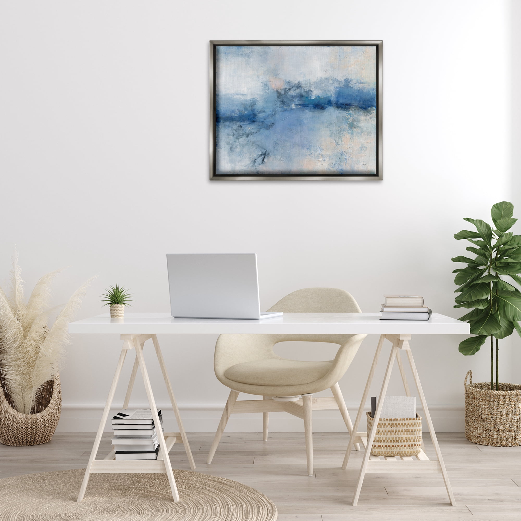 Stupell Industries Blue Seaside Impressions Abstract Painting Gray Floater Framed Canvas Art Print Wall Art, 31 x 25