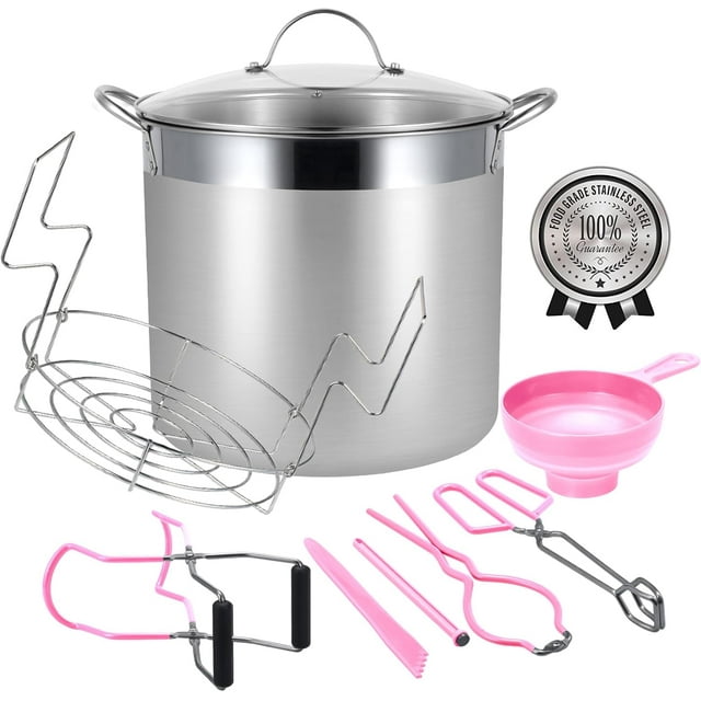 HOMKULA Water Bath Canning Pot with Rack and Lid, Steam Canner with Canning Supplies Starter Kit, 9 Pieces, Stainless Steel, Pink (Induction/Glass Top Stove Compatible)