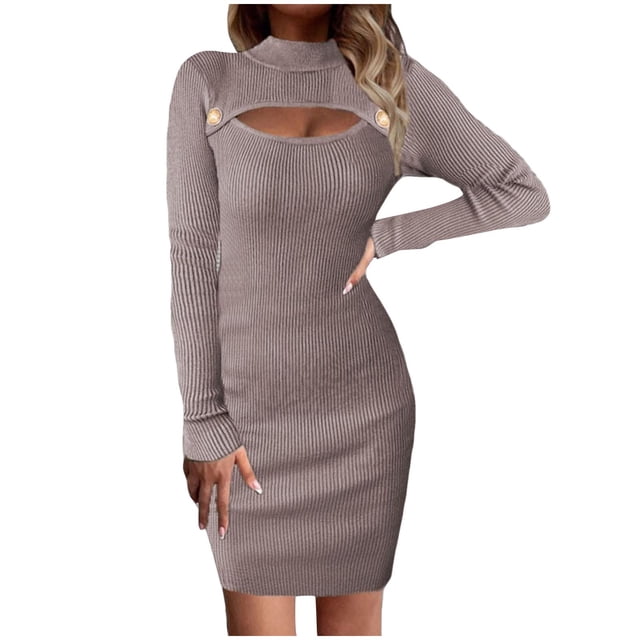 Robe Chandail pour Femmes Manches Longues Tricotée Côtelée Ajourée Robe Crayon Col Montant Ajustée Automne Mini Robe