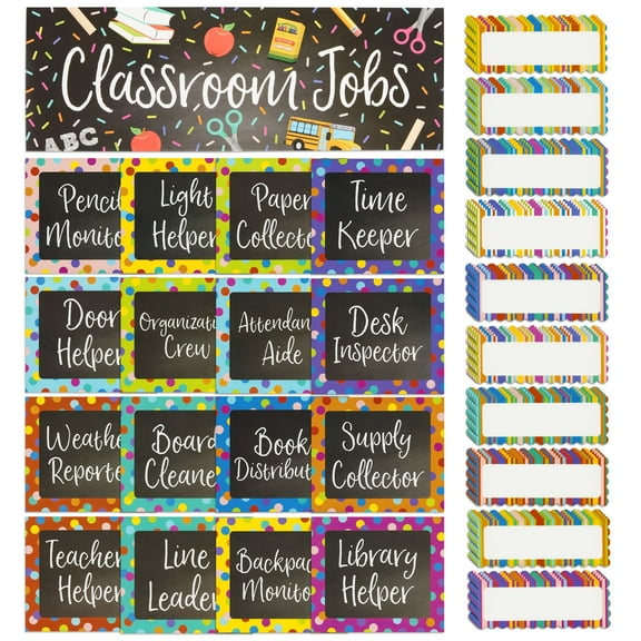 67-Piece Juvale Job Chart Set with Rectangule Name Tags for Bulletin Board, Chalkboard Decorations, Teacher Supplies, Classroom, Multicolor
