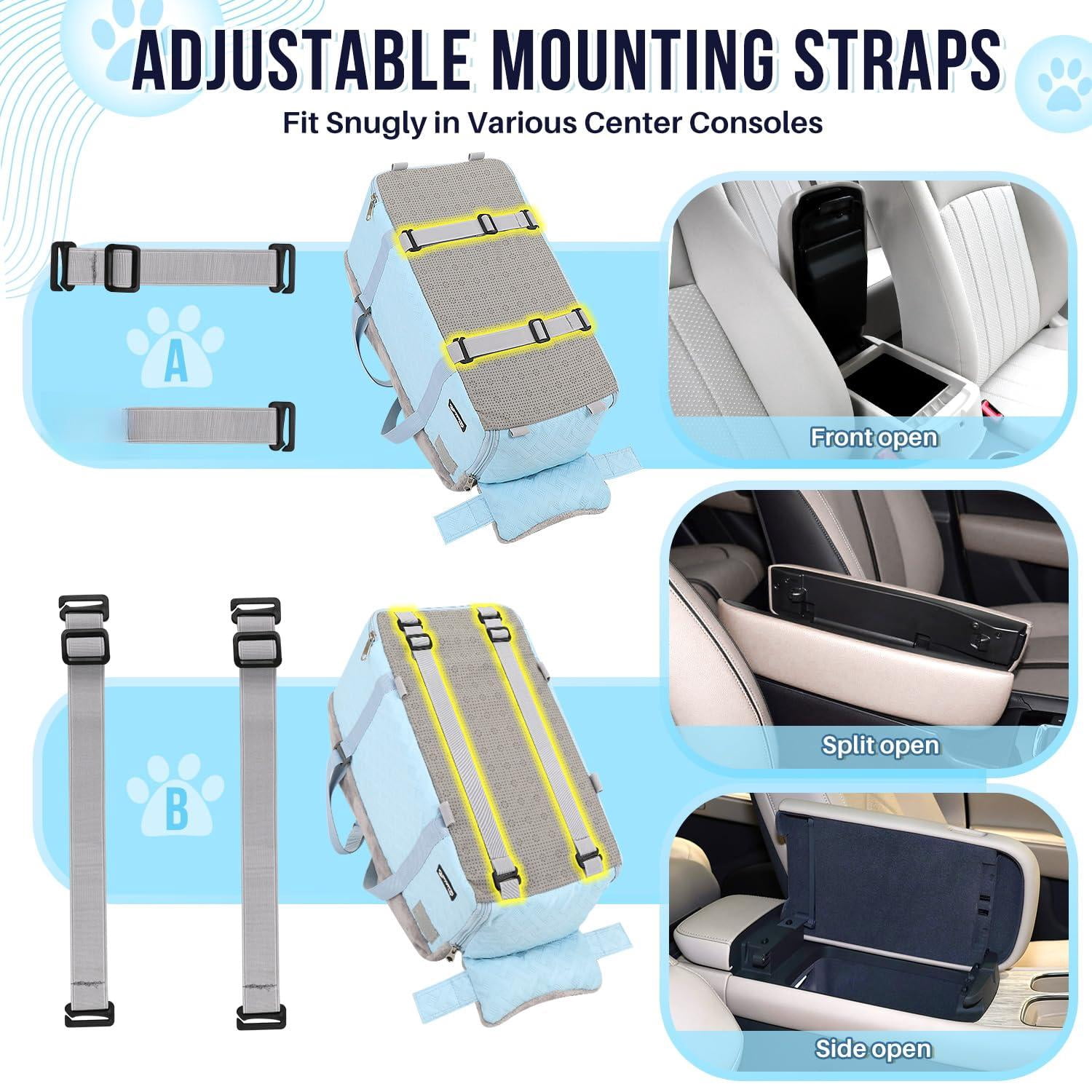 Console Dog Car Seat - Portable Center For Small Dogs Up To 9 Lbs  Washable Pet Carseat With Soft Cushion Safe Protection Hooks & Storage Pocket Blue