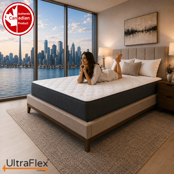 UltraFlex® Vibe - Latex Naturel Biologique 100 %, Lit Simple 10 Pouces, Matelas Hybride Ferme, Ressorts Ensachés HD, Soutien Ferme, Isolation des Mouvements, Soulagement de la Pression, Matelassage Respirant, Fabriqué au Canada