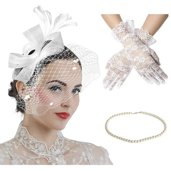 Vintage Fascinator Hat Feather Mesh Face Veil Hat Tea Party Headwear and Pearl Necklace for Wedding and Short Lace Gloves
