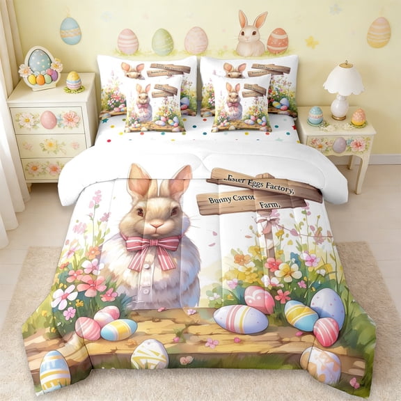 Erosebridal Colorful Easter Eggs Kids 7-Piece Twin Bedding Sets,Rustic Farm Animal Bunny Multicolor Flowers Bedding Comforter Set For Girls Reversible