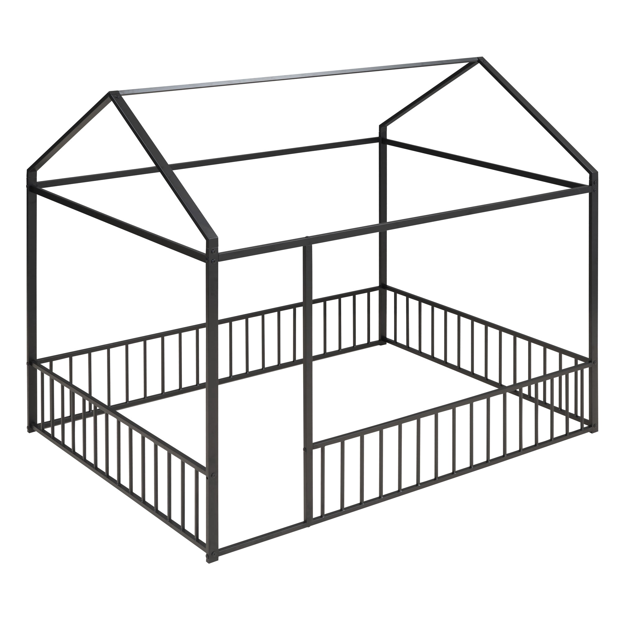 Gewnee Full Size Metal House Bed frame with Fence,Montessori Floor Bed for Toddler and Kids,Black