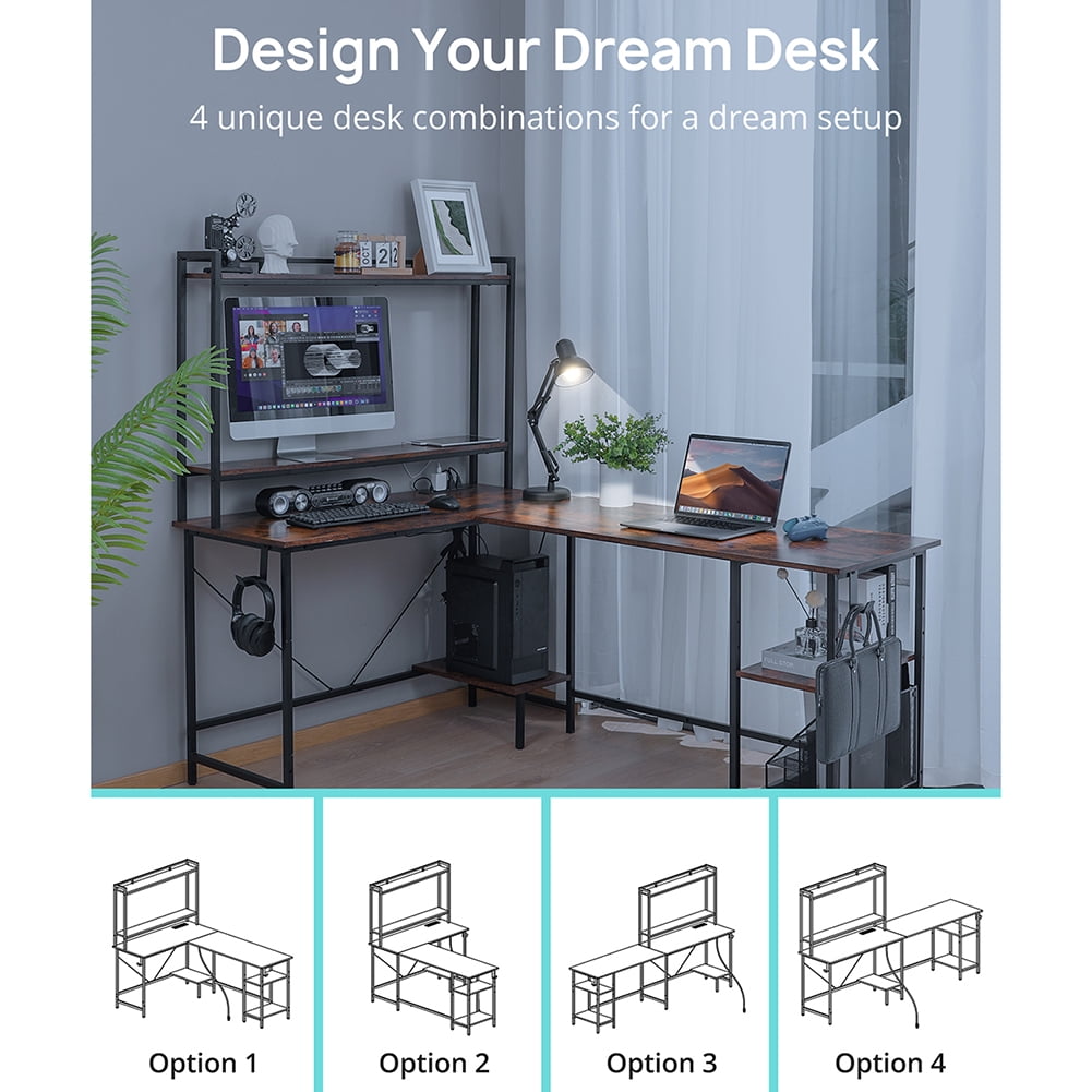 Resenkos 94.5” Computer Desk Console Table, Two Person L-Shaped Gaming Desk Office Desk with Outlets and USB Ports for Home Office, Adjustable Shelf, Brown Resenkos 94.5” Computer Desk Console Table, Two Person L-Shaped Gaming Desk Office Desk with Outlets and USB Ports for Home Office, Adjustable Shelf, Brown