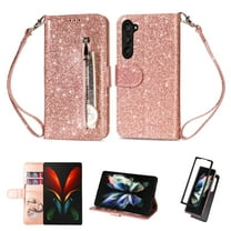 ELEHOLD Stylish Flip Wallet Case for Samsung Galaxy Z Fold 5,Bling Glitter Leather Zipper Pocket Card Slots Kickstand Function Magnetic Clasp Detachable Lanyard Purse Case,Rosegold