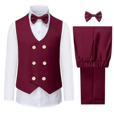 

ETHAN Boys Vest and Pants Set 4 Piece Formal Dress Boy Suits for Kids Toddler Wedding Communion Wine Red 10 Years