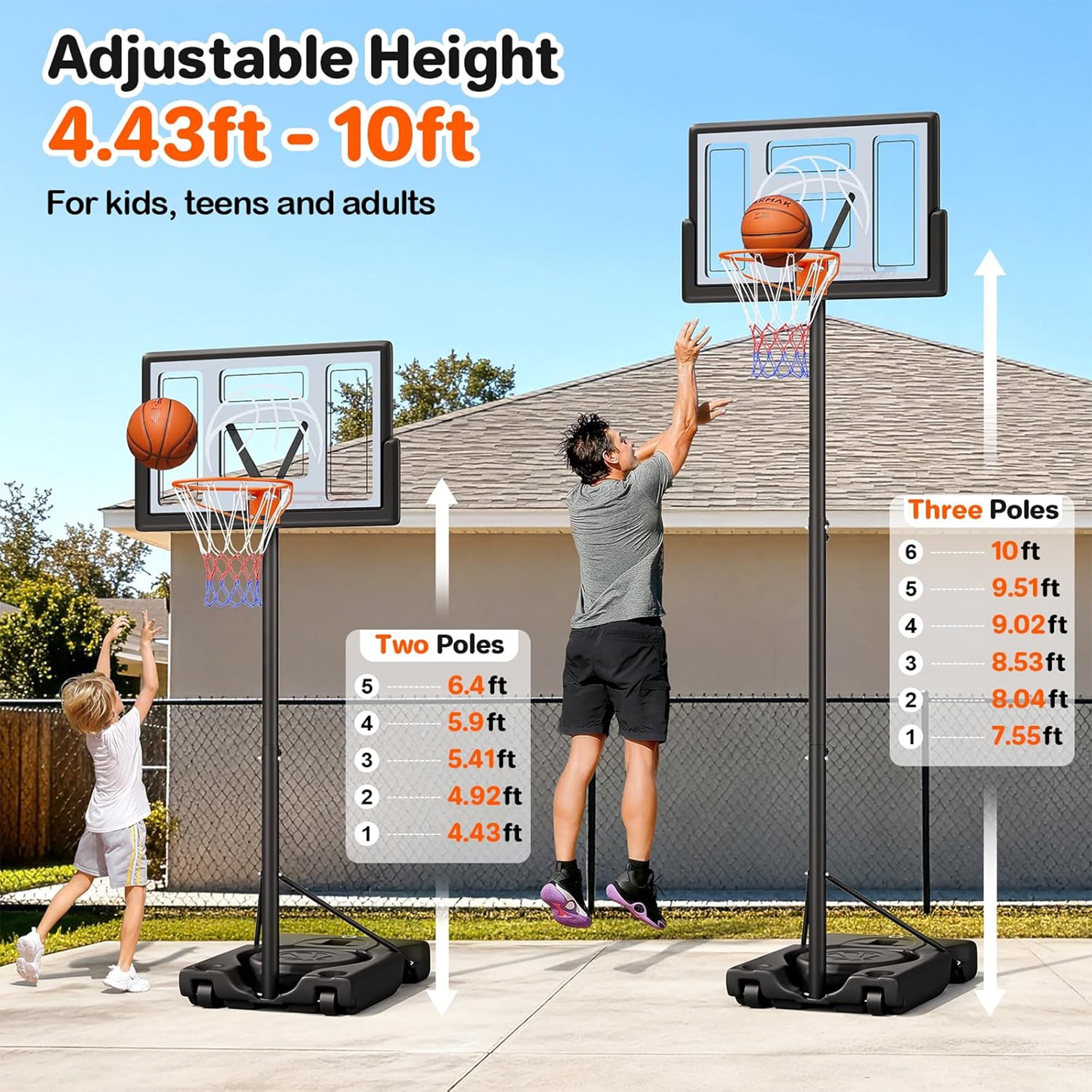 Toremore 44" Basketball Hoop Outdoor 4.43-10ft Adjustable, Portable Basketball Hoop Goal System with Shatterproof Backboard and Larger Base for Kids Youth and Adults