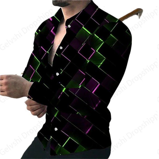 Camisas hawaianas de manga larga con estampado 3D de líneas doradas, camisa de moda para hombre, camisa de playa con cuello vuelto, blusa social, camisa 5XL