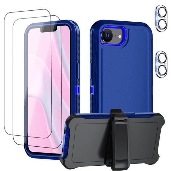 Hotpom Phone Case for iPhone 16E（2025）/ 17E（2026）, Includes Screen & Camera Lens Protector, Rotatable Belt Clip, Silicone Heavy Duty 3-Layer Hybrid Drop Protection Protective Cover, Blue